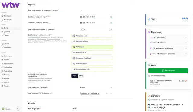 Interface WTW Assurance Voyage - plateforme de souscription développée avec OIB Solutions