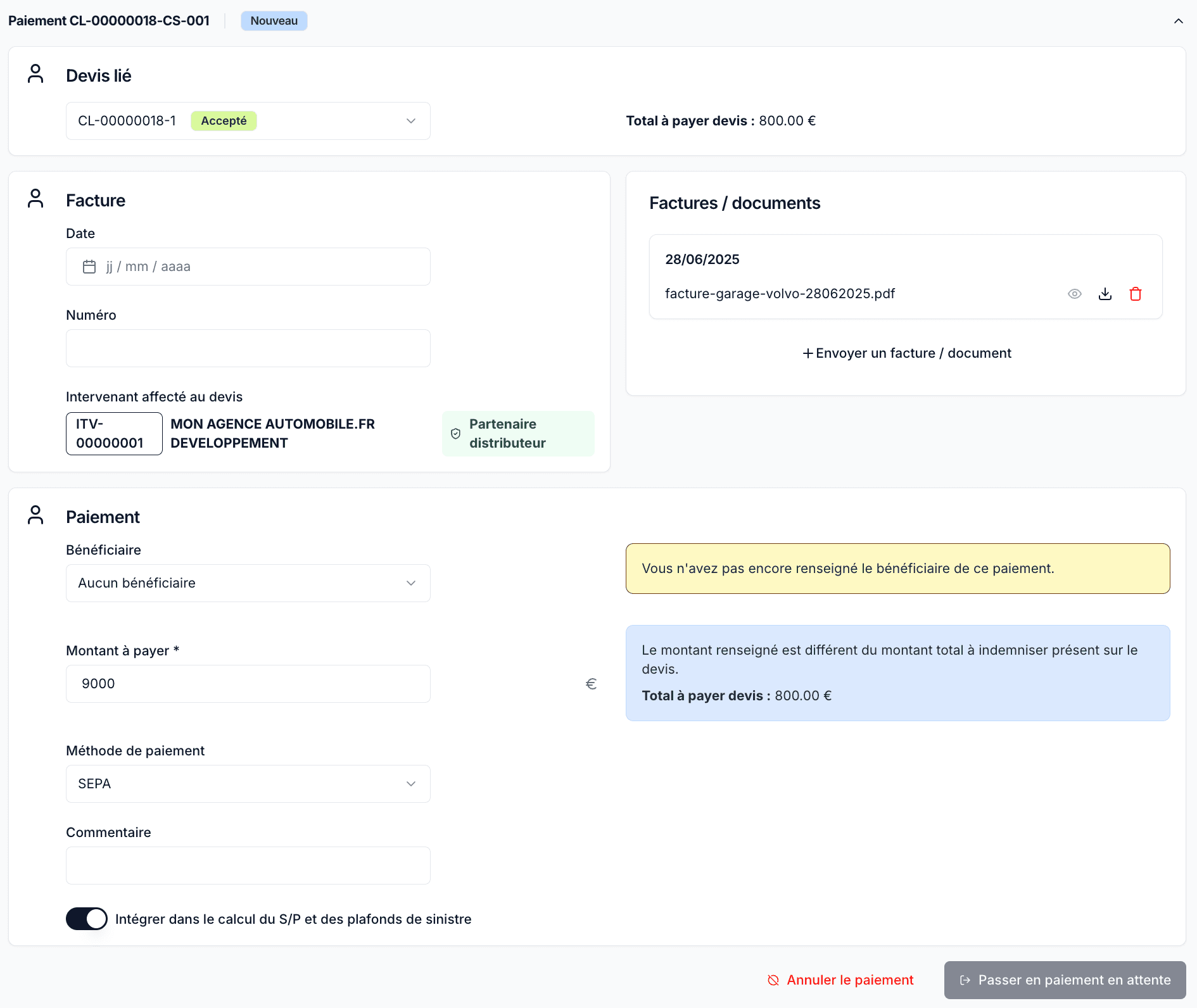 règlement et paiement du sinistre