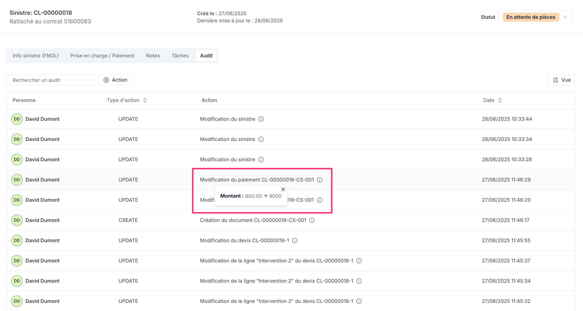 piste d'audit des sinistres