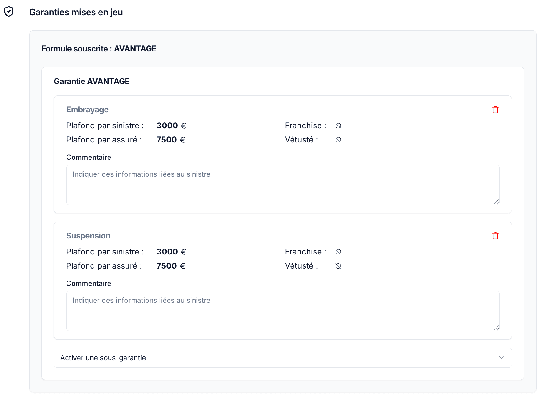 sinistres activation garanties